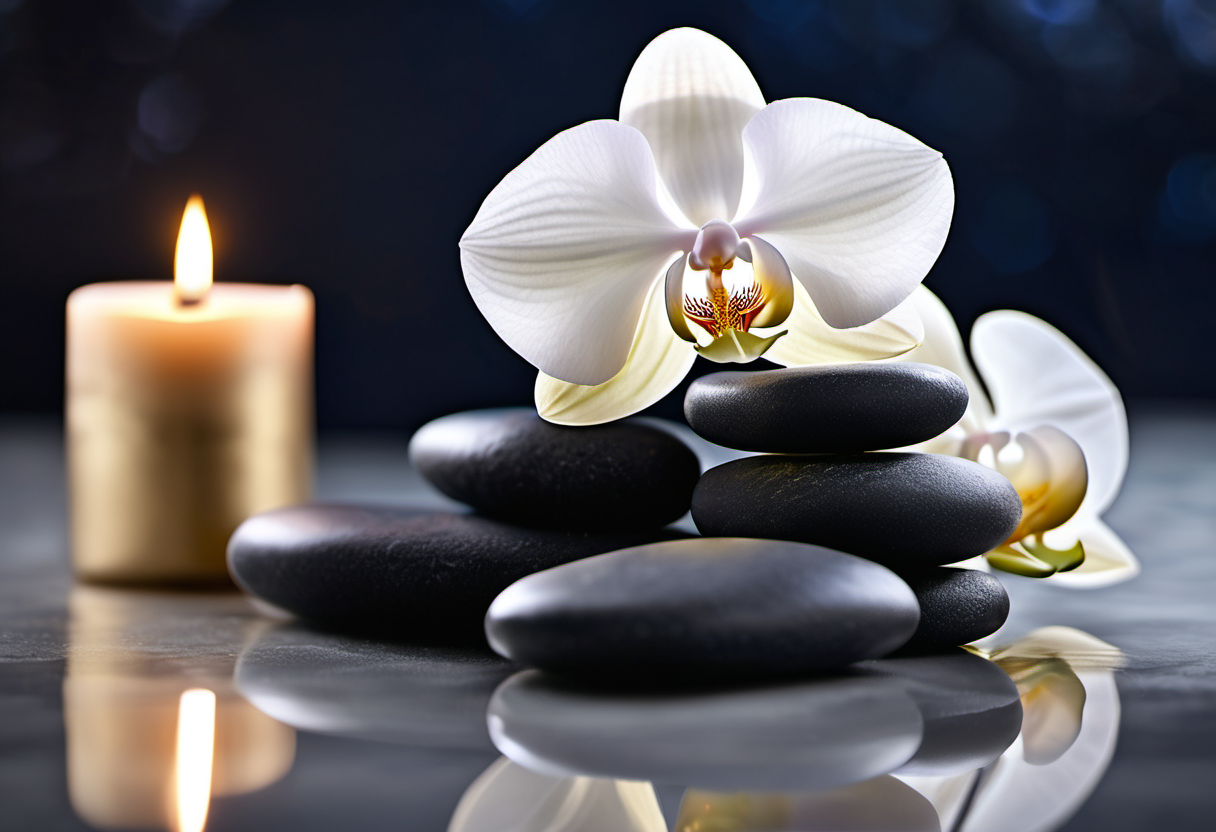 Serene luxury spa still life with hot stones and orchid